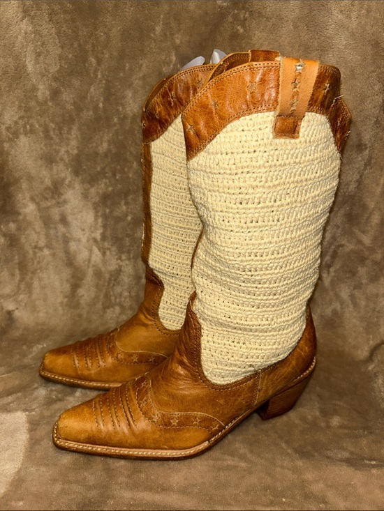 AWOL Shoes - AWOL Tan Leather Cream Crochet Snip Toe Boho Western Coastal Cowgirl Boots 8.5